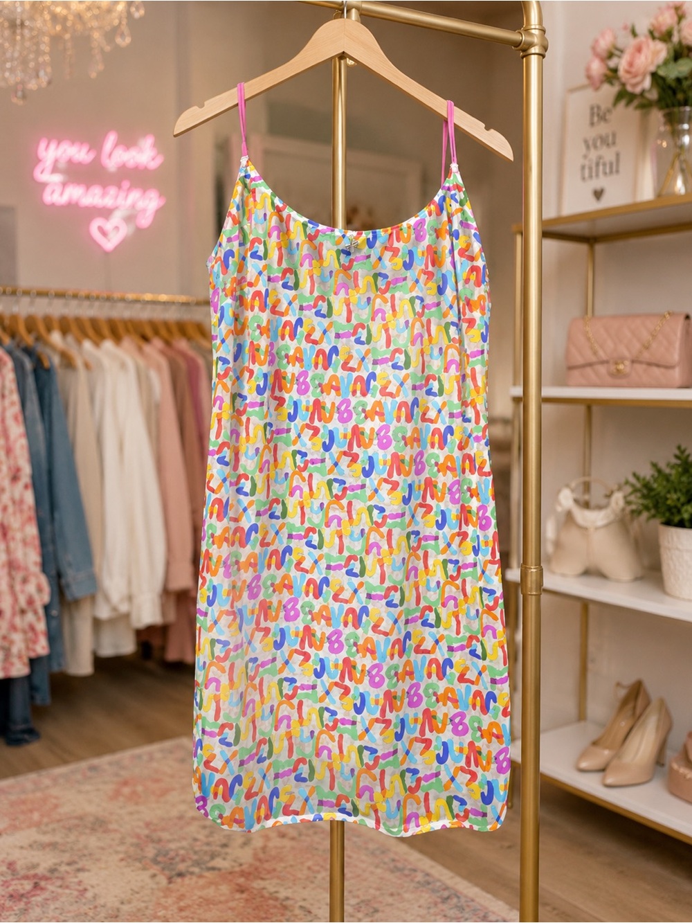 Savage X Fenty Multicolor Rainbow Slip Dress with Pink Straps